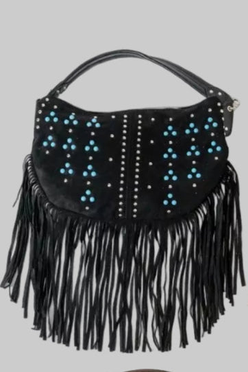 Trinity Western Studded Pattern Multi Fringe Hobo Shoulder Bag