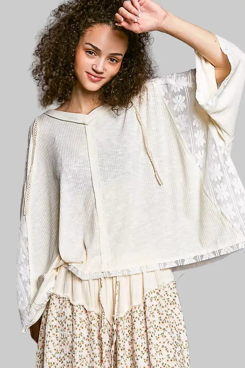 Valeria Oversized Hoodie V-Neck Top with Lace