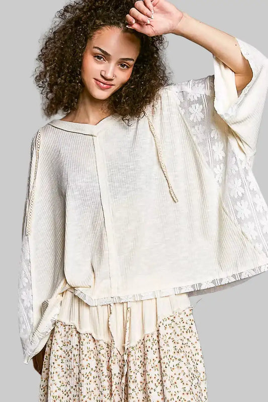 Valeria Oversized Hoodie V-Neck Top with Lace