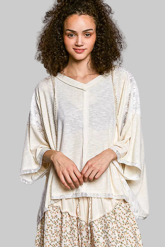 Valeria Oversized Hoodie V-Neck Top with Lace