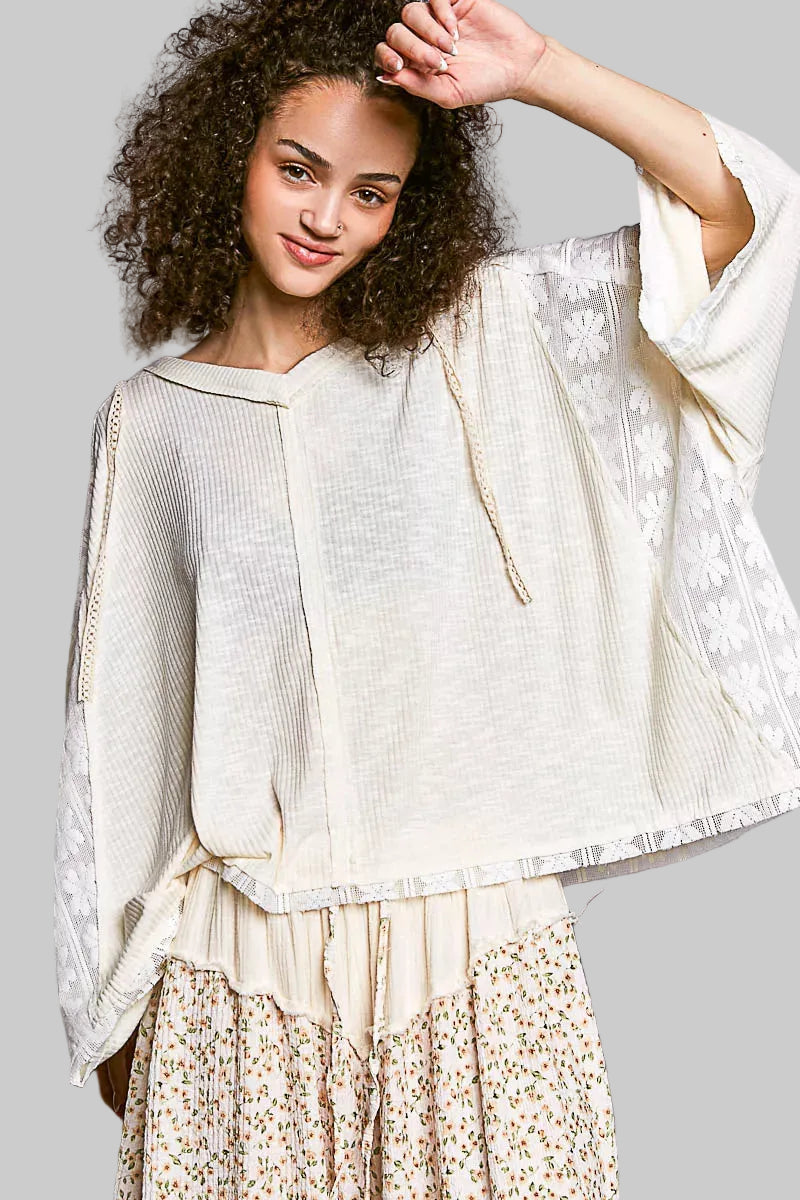 Valeria Oversized Hoodie V-Neck Top with Lace