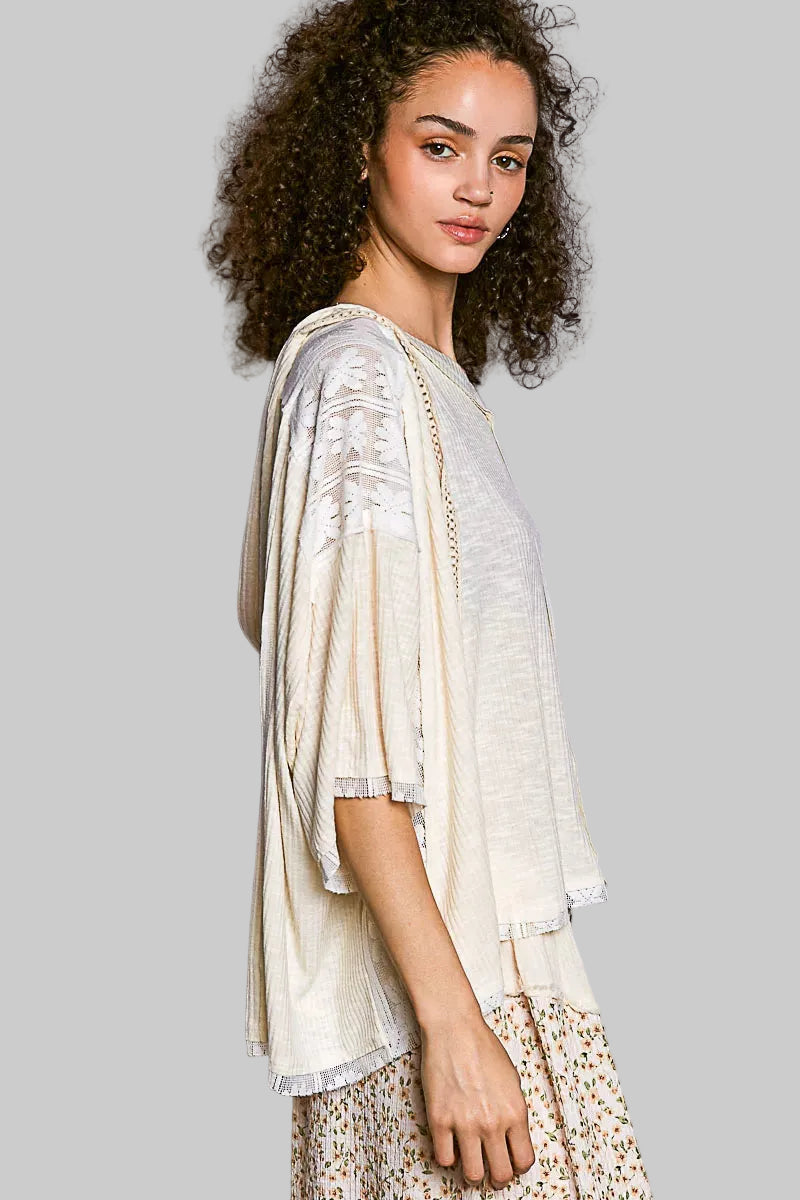 Valeria Oversized Hoodie V-Neck Top with Lace