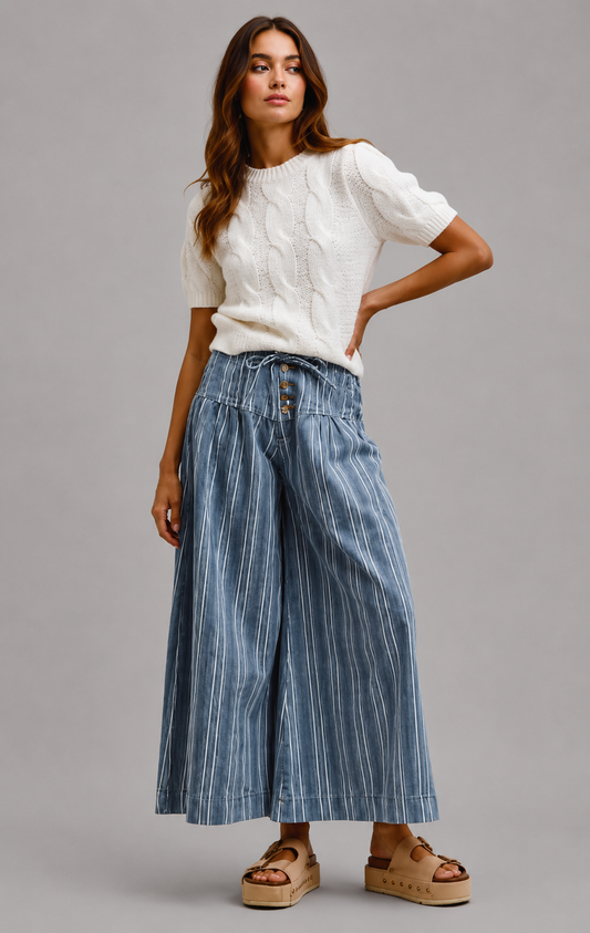 Vera Striped Denim Wash Pleated Wide Leg Pants