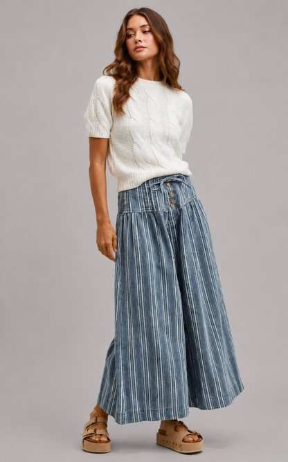 Vera Striped Denim Wash Pleated Wide Leg Pants