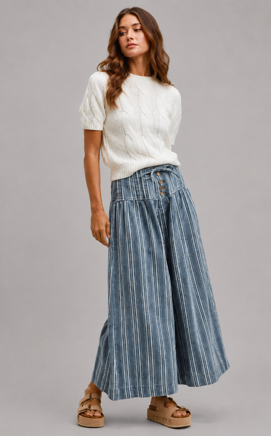 Vera Striped Denim Wash Pleated Wide Leg Pants