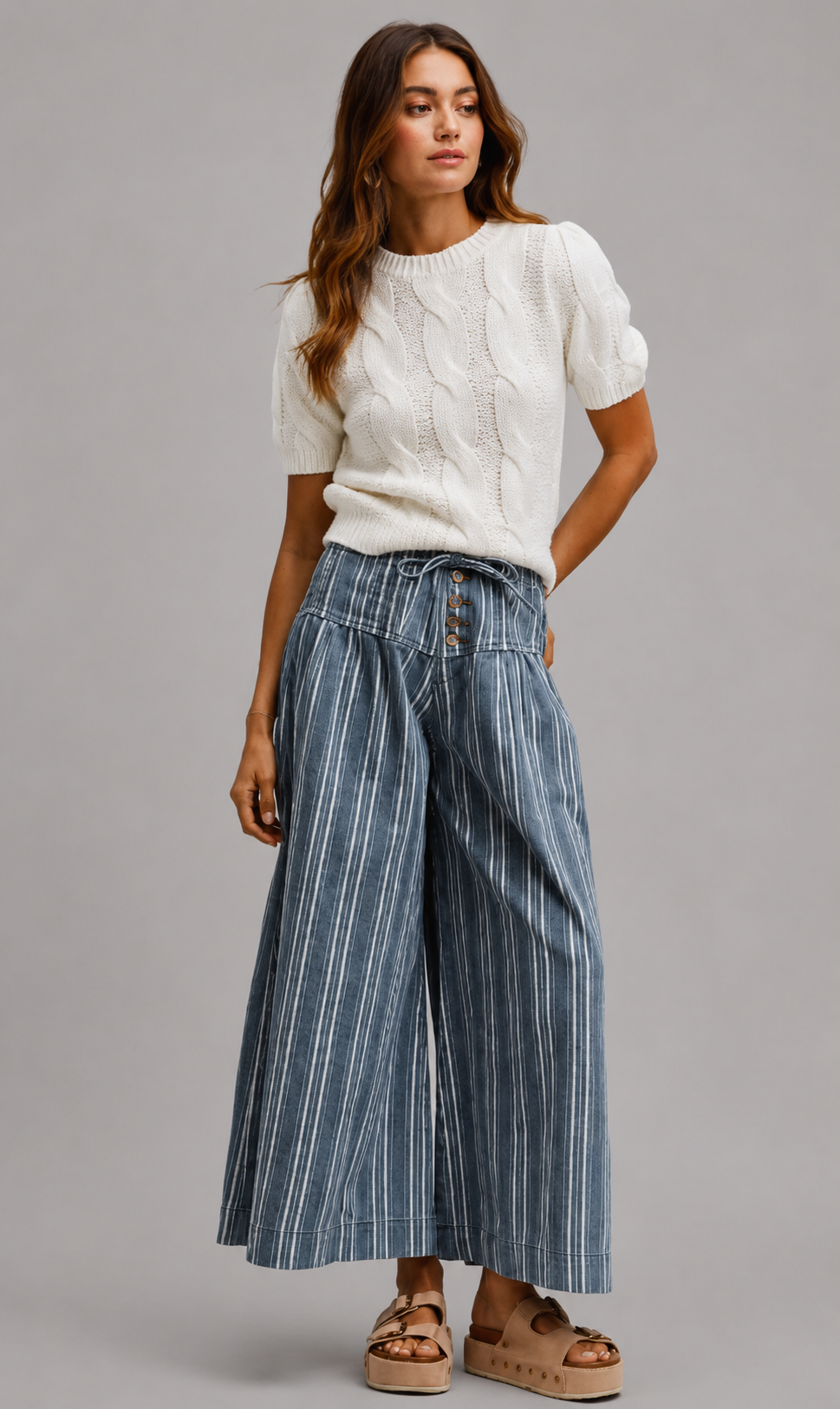 Vera Striped Denim Wash Pleated Wide Leg Pants