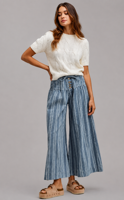 Vera Striped Denim Wash Pleated Wide Leg Pants
