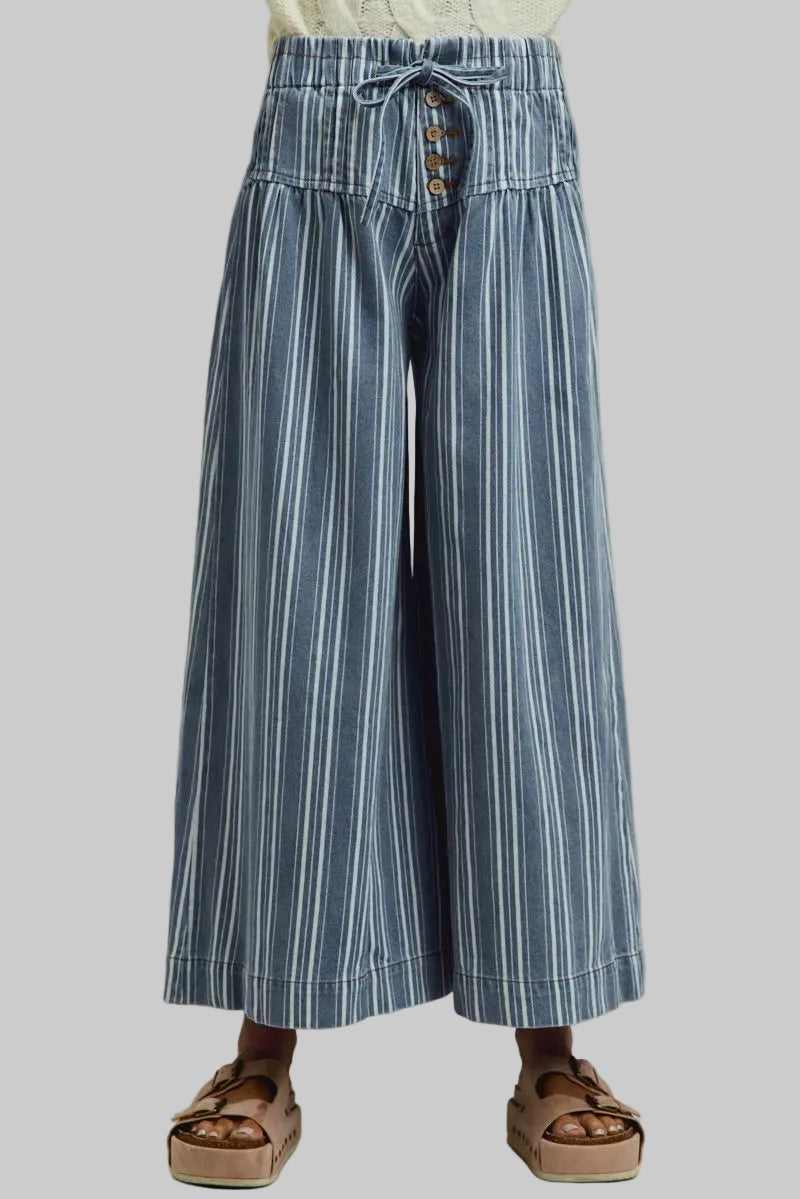 Vera Striped Denim Wash Pleated Wide Leg Pants