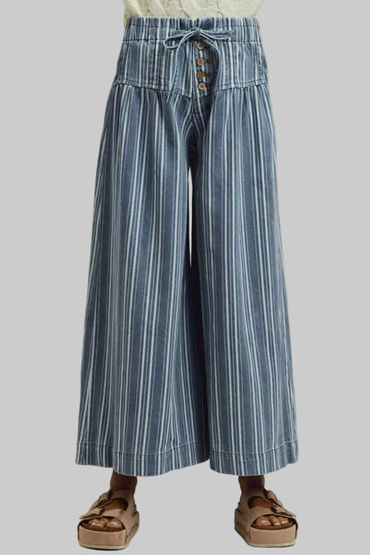 Vera Striped Denim Wash Pleated Wide Leg Pants