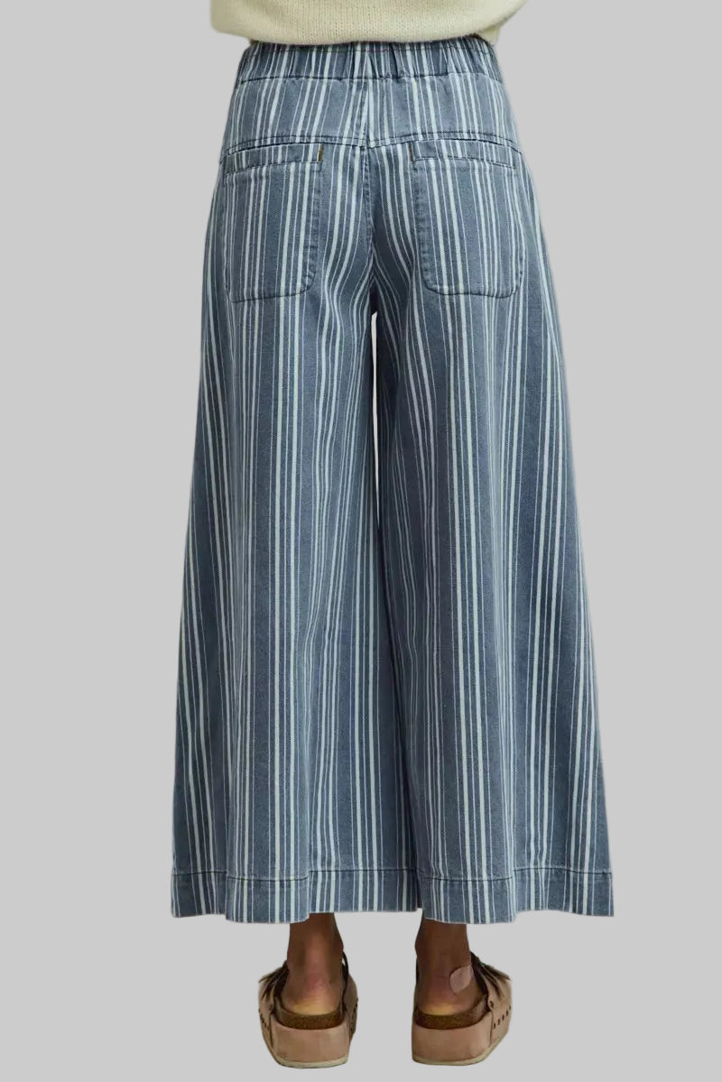 Vera Striped Denim Wash Pleated Wide Leg Pants