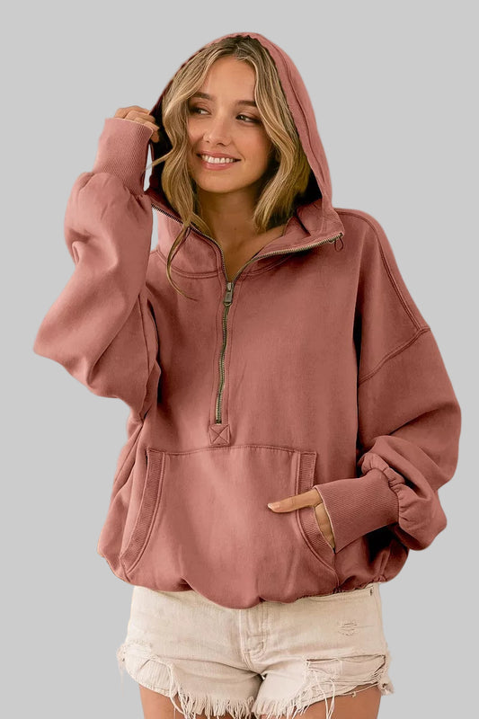 Veronica Boho Stitch Detailed Half Zip Fleece Hoodie
