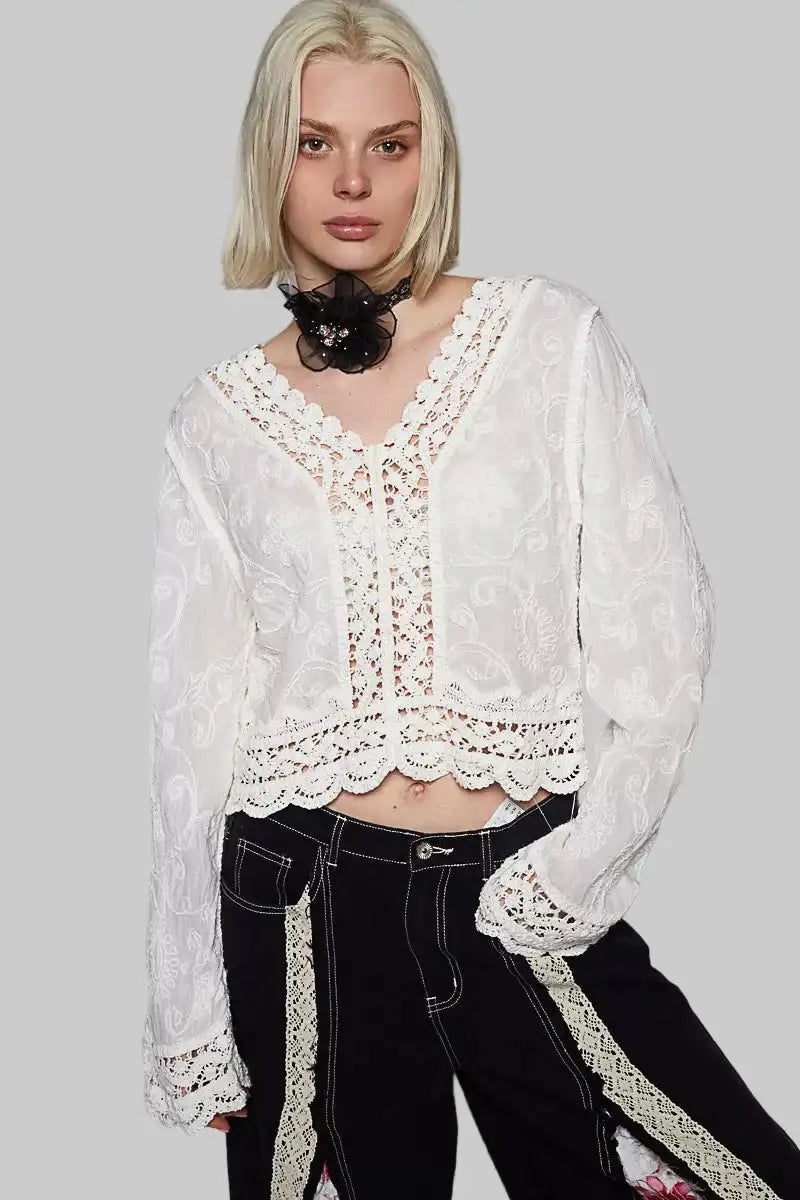 Violet Boho Crochet Floral Scallop Hem Top