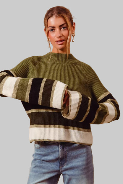 Olive Multi Color Striped Mock Neck Sweater