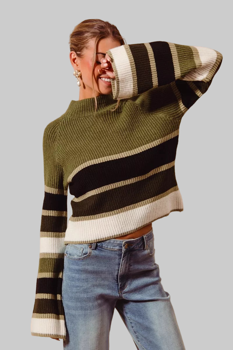 Olive Multi Color Striped Mock Neck Sweater