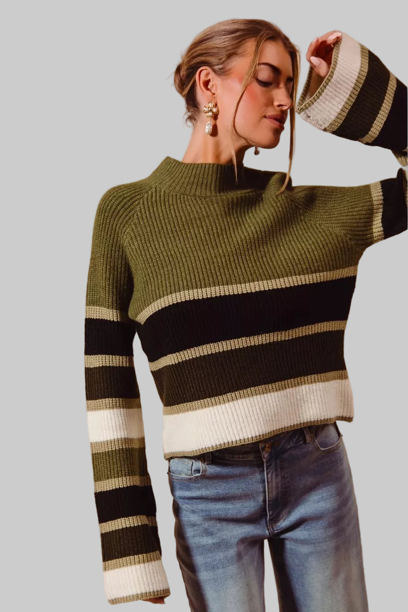 Olive Multi Color Striped Mock Neck Sweater