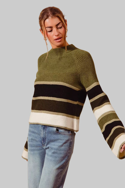 Olive Multi Color Striped Mock Neck Sweater