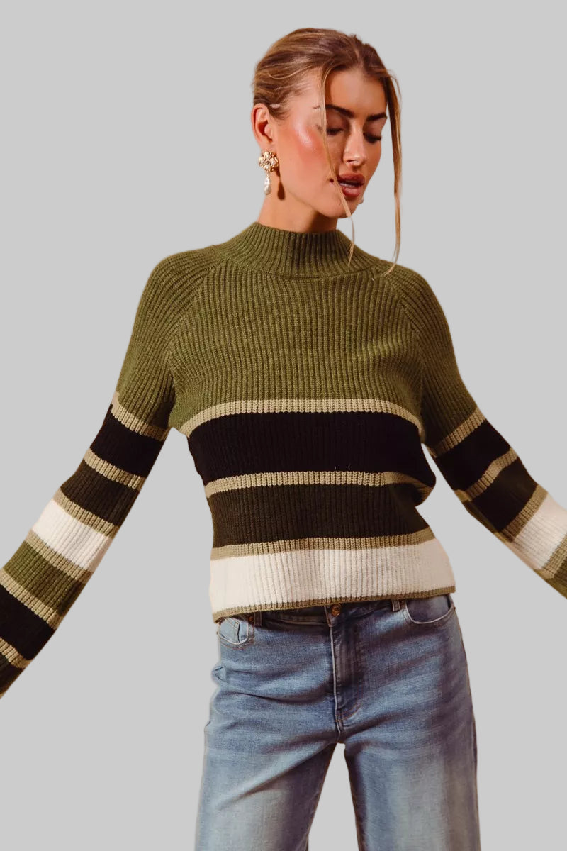Olive Multi Color Striped Mock Neck Sweater