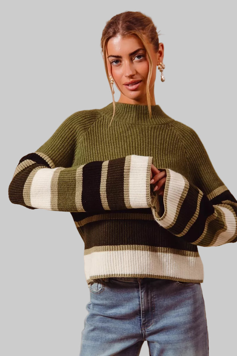 Olive Multi Color Striped Mock Neck Sweater