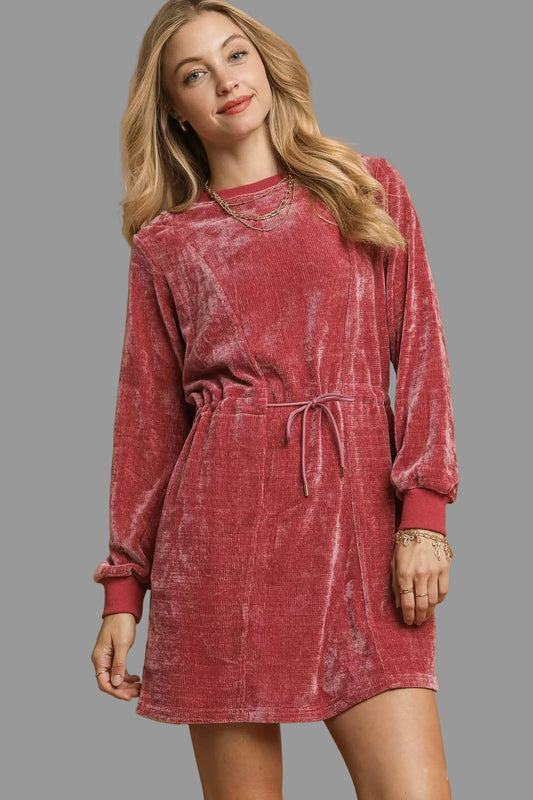 Western Boho Burgendy Velour Drawstring Mini Dress with Long Sleeves