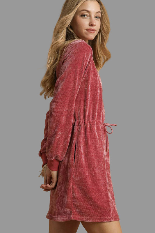 Western Boho Burgendy Velour Drawstring Mini Dress with Long Sleeves