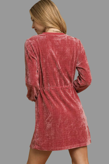 Western Boho Burgendy Velour Drawstring Mini Dress with Long Sleeves