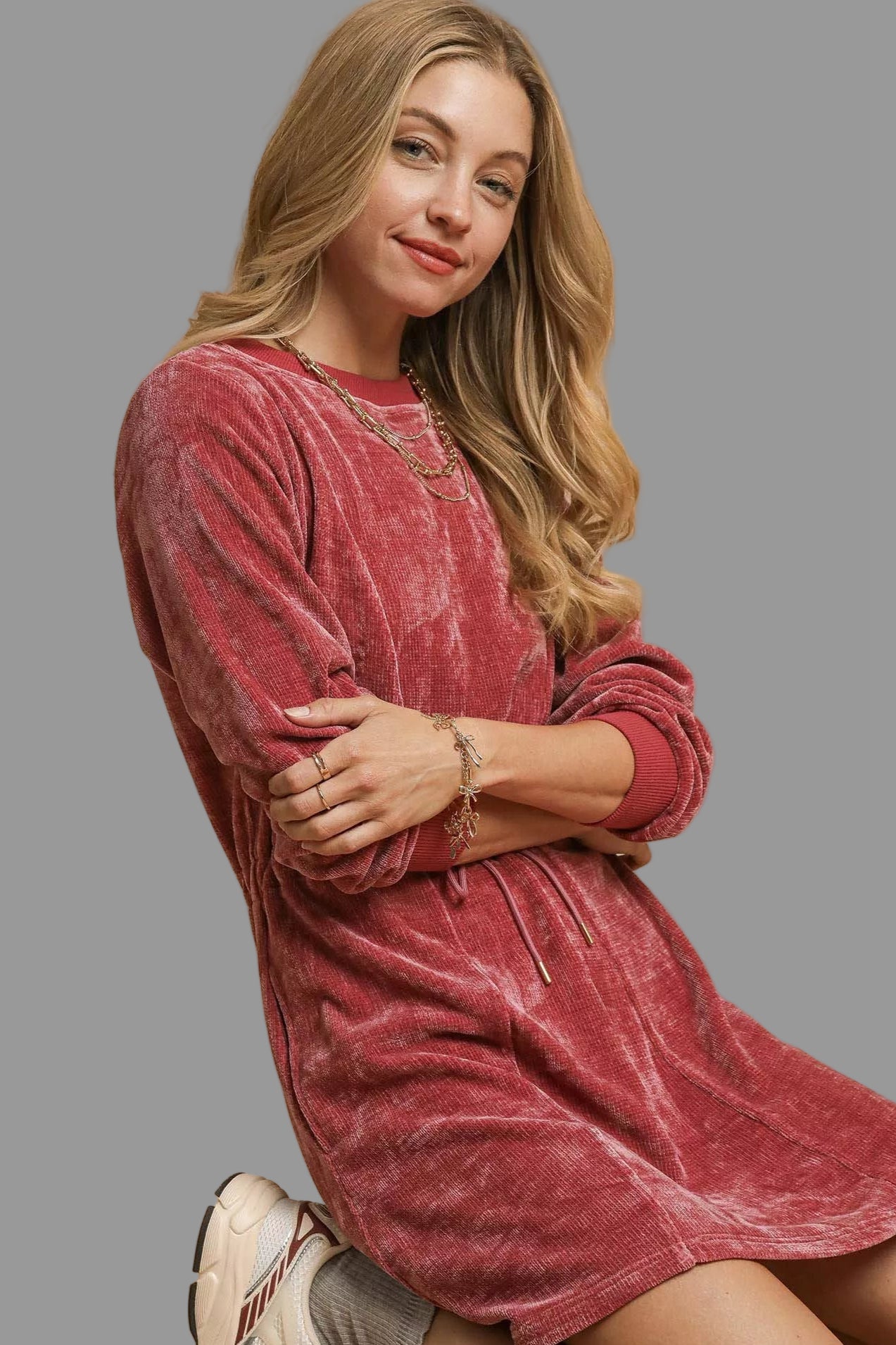 Western Boho Burgendy Velour Drawstring Mini Dress with Long Sleeves