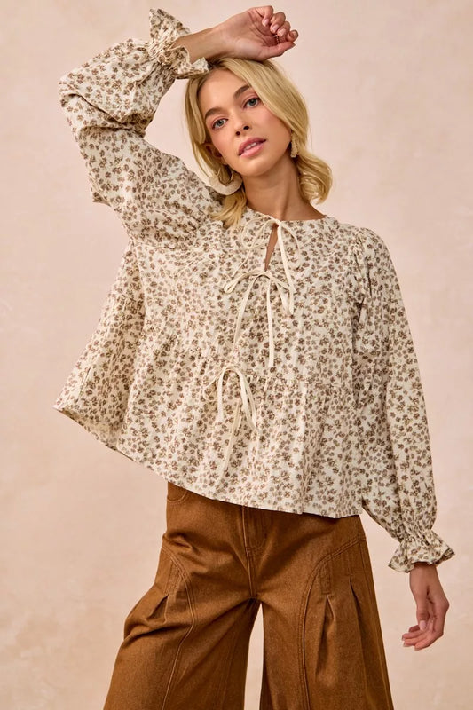 Western Boho Floral Printed Peplum Blouse with Shirring and Tied