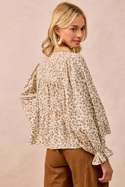 Western Boho Floral Printed Peplum Blouse with Shirring and Tied