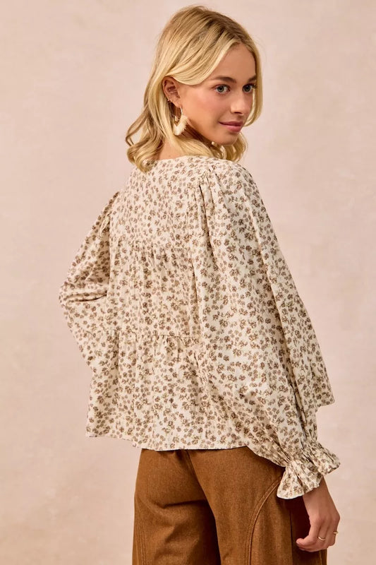 Western Boho Floral Printed Peplum Blouse with Shirring and Tied