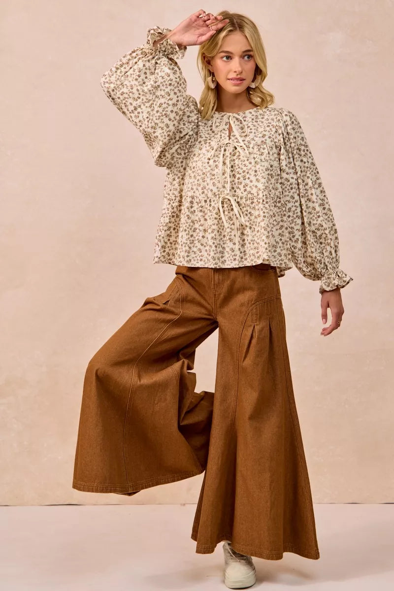 Western Boho Floral Printed Peplum Blouse with Shirring and Tied