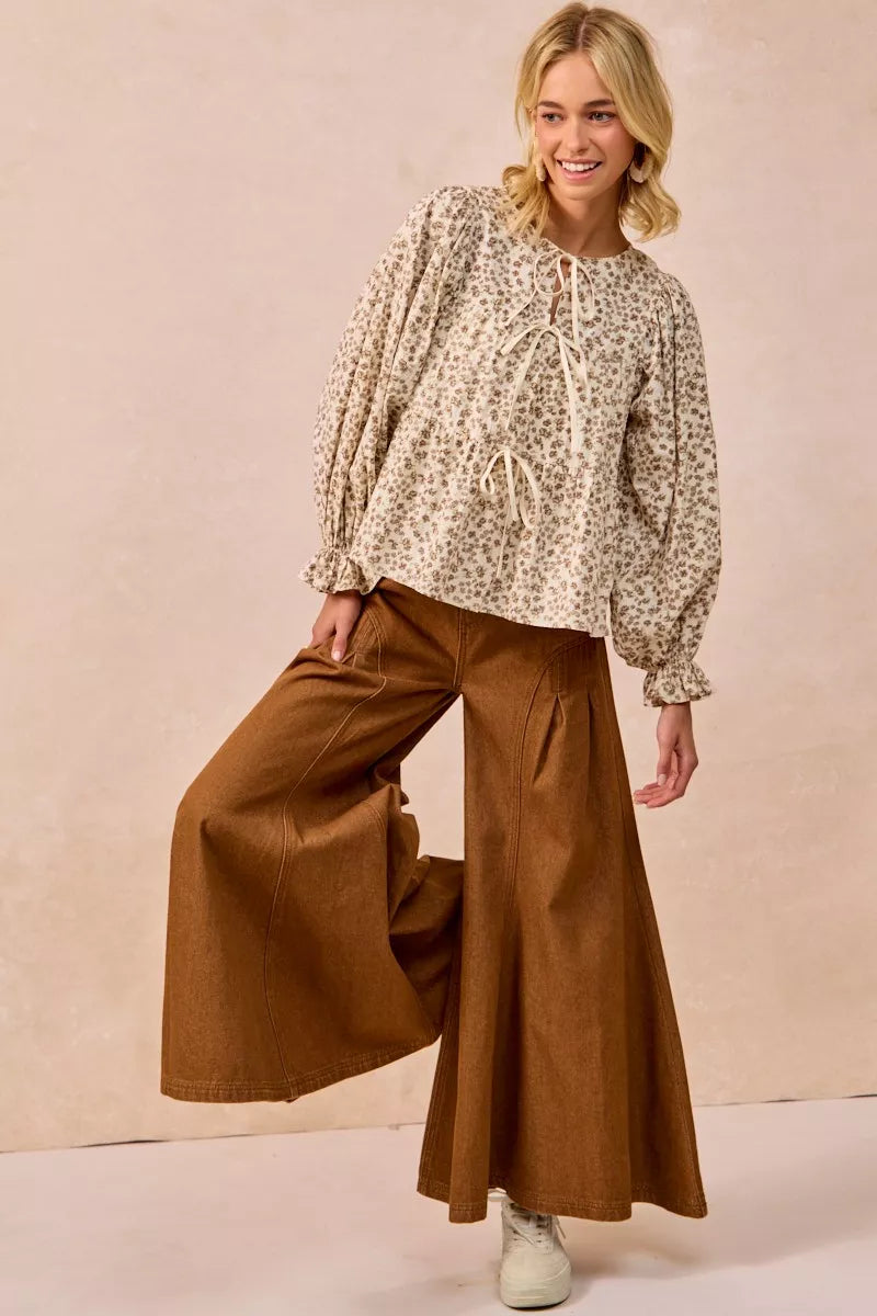Western Boho Floral Printed Peplum Blouse with Shirring and Tied