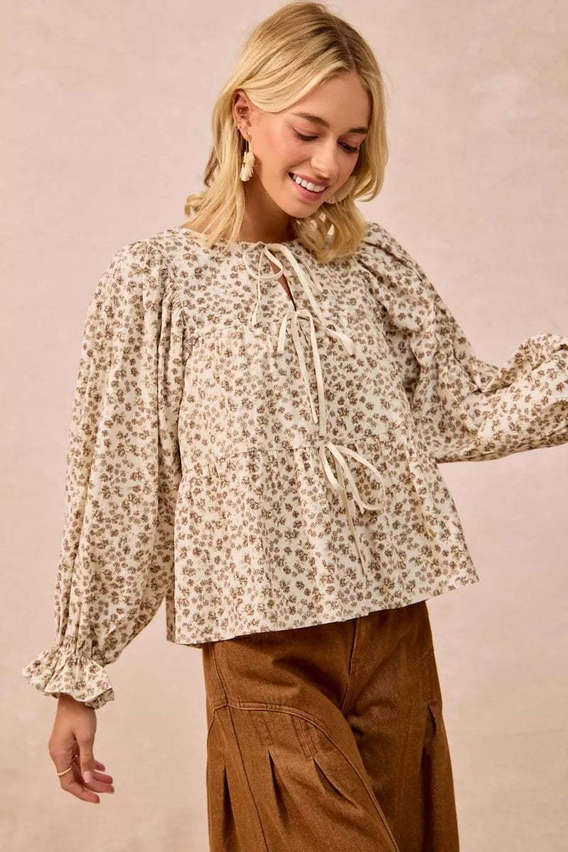 Western Boho Floral Printed Peplum Blouse with Shirring and Tied