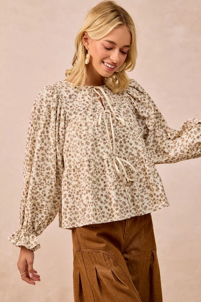 Western Boho Floral Printed Peplum Blouse with Shirring and Tied
