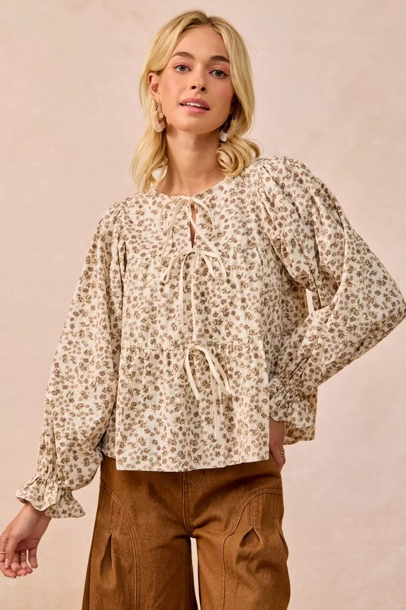 Western Boho Floral Printed Peplum Blouse with Shirring and Tied