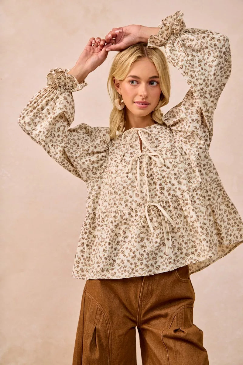 Western Boho Floral Printed Peplum Blouse with Shirring and Tied