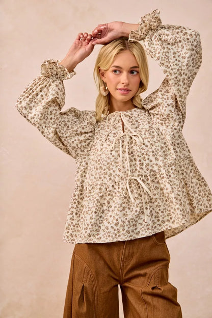 Western Boho Floral Printed Peplum Blouse with Shirring and Tied