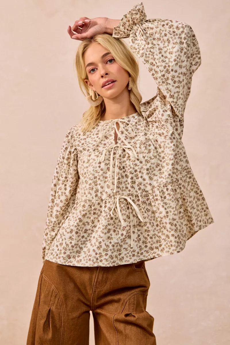 Western Boho Floral Printed Peplum Blouse with Shirring and Tied