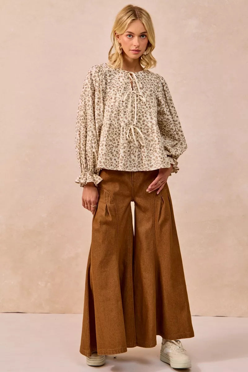 Western Boho Floral Printed Peplum Blouse with Shirring and Tied