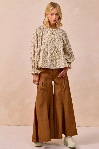 Western Boho Floral Printed Peplum Blouse with Shirring and Tied