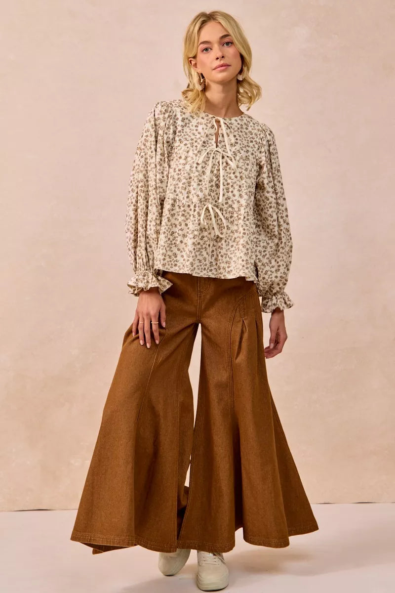 Western Boho Floral Printed Peplum Blouse with Shirring and Tied