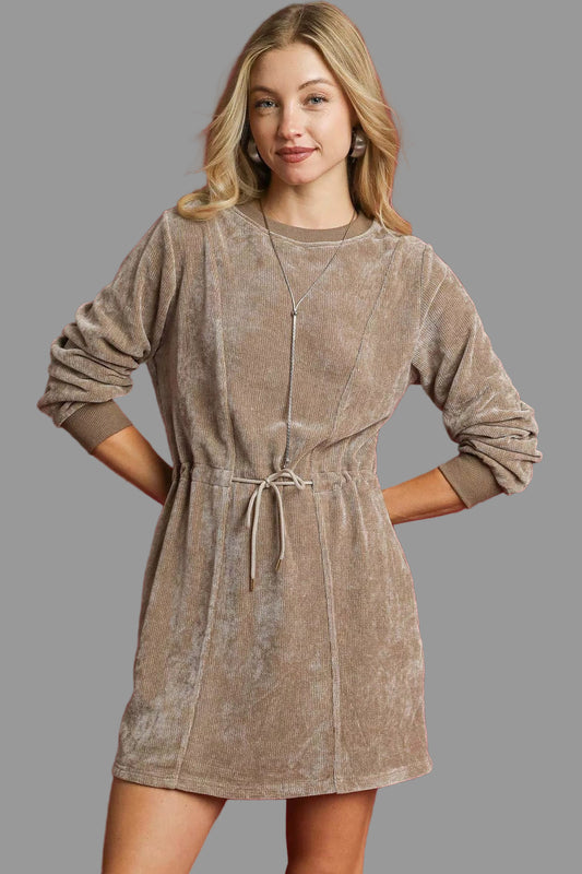 Western Boho Velour Drawstring Long Steeves Mini Dress