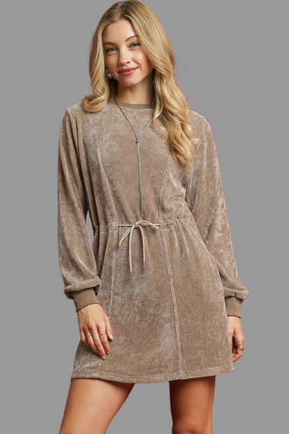 Western Boho Velour Drawstring Long Steeves Mini Dress