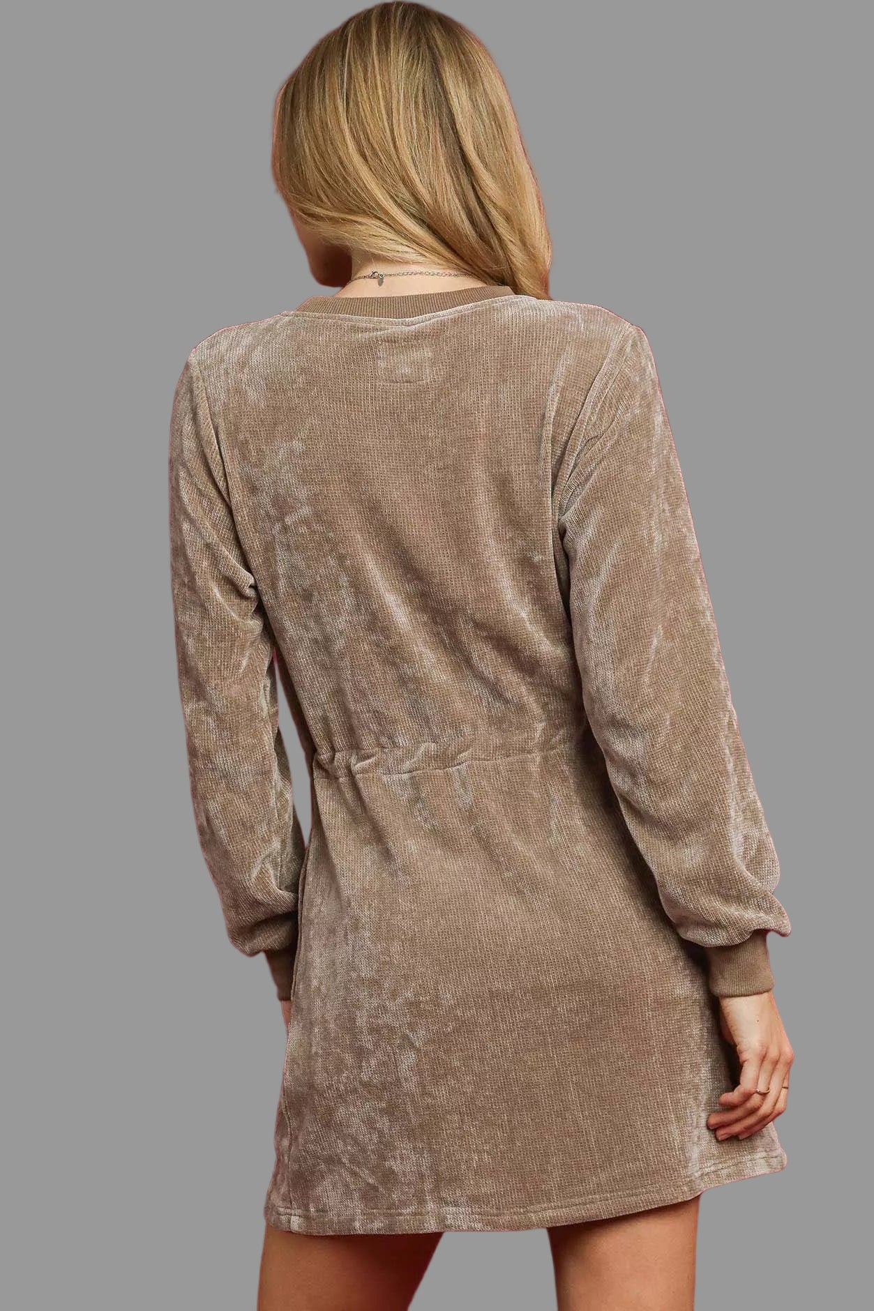 Western Boho Velour Drawstring Long Steeves Mini Dress