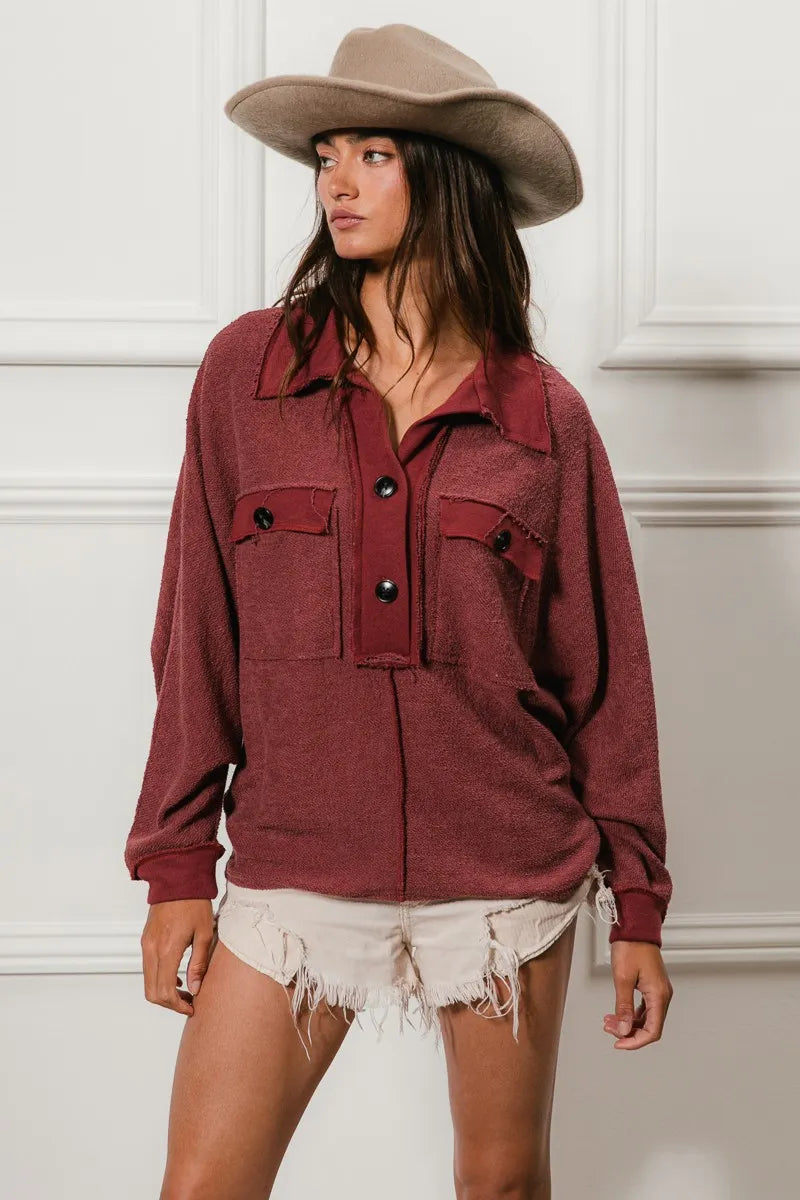 Western French Terry Cut Edge Detail Collared Top
