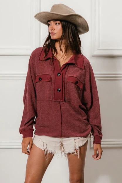 Western French Terry Cut Edge Detail Collared Top