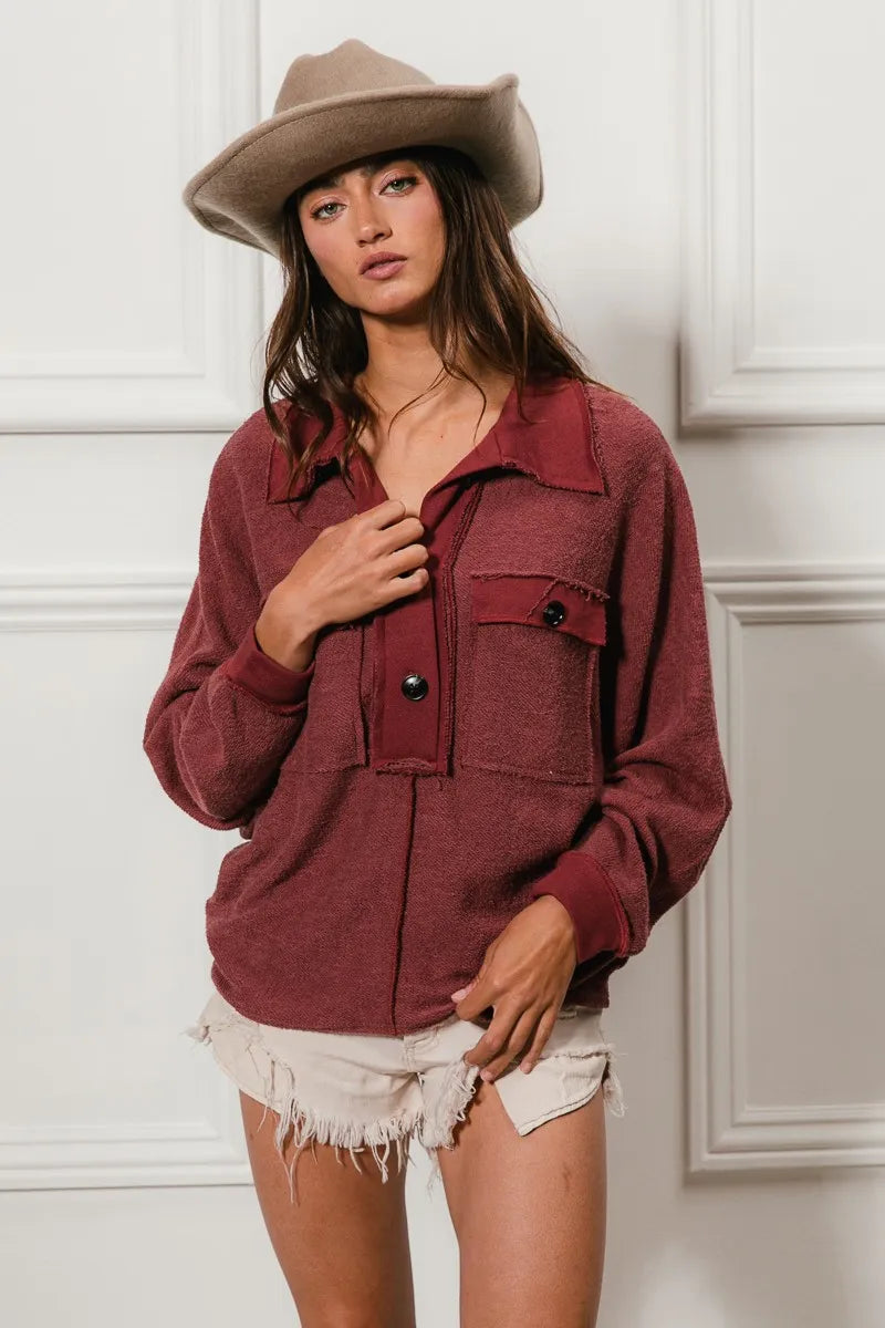 Western French Terry Cut Edge Detail Collared Top