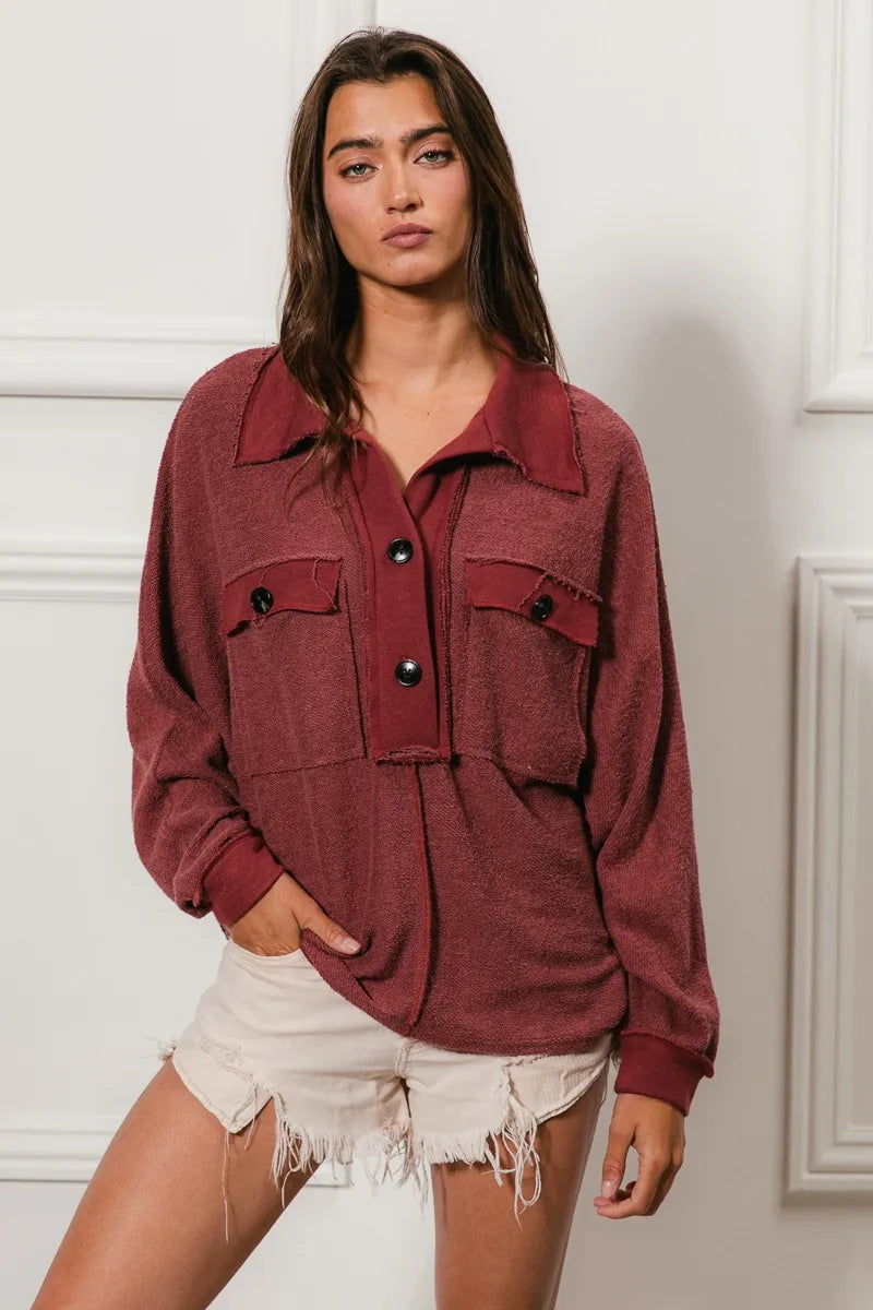 Western French Terry Cut Edge Detail Collared Top