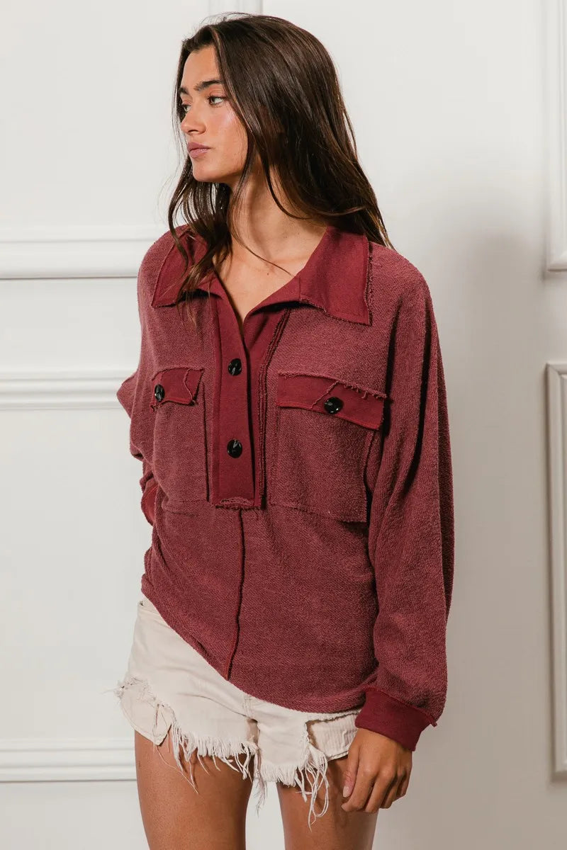Western French Terry Cut Edge Detail Collared Top