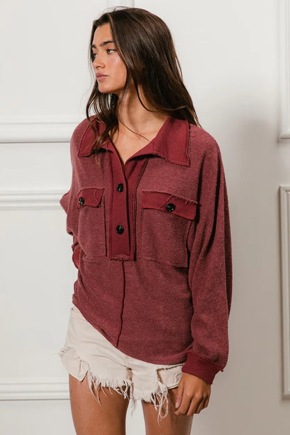 Western French Terry Cut Edge Detail Collared Top