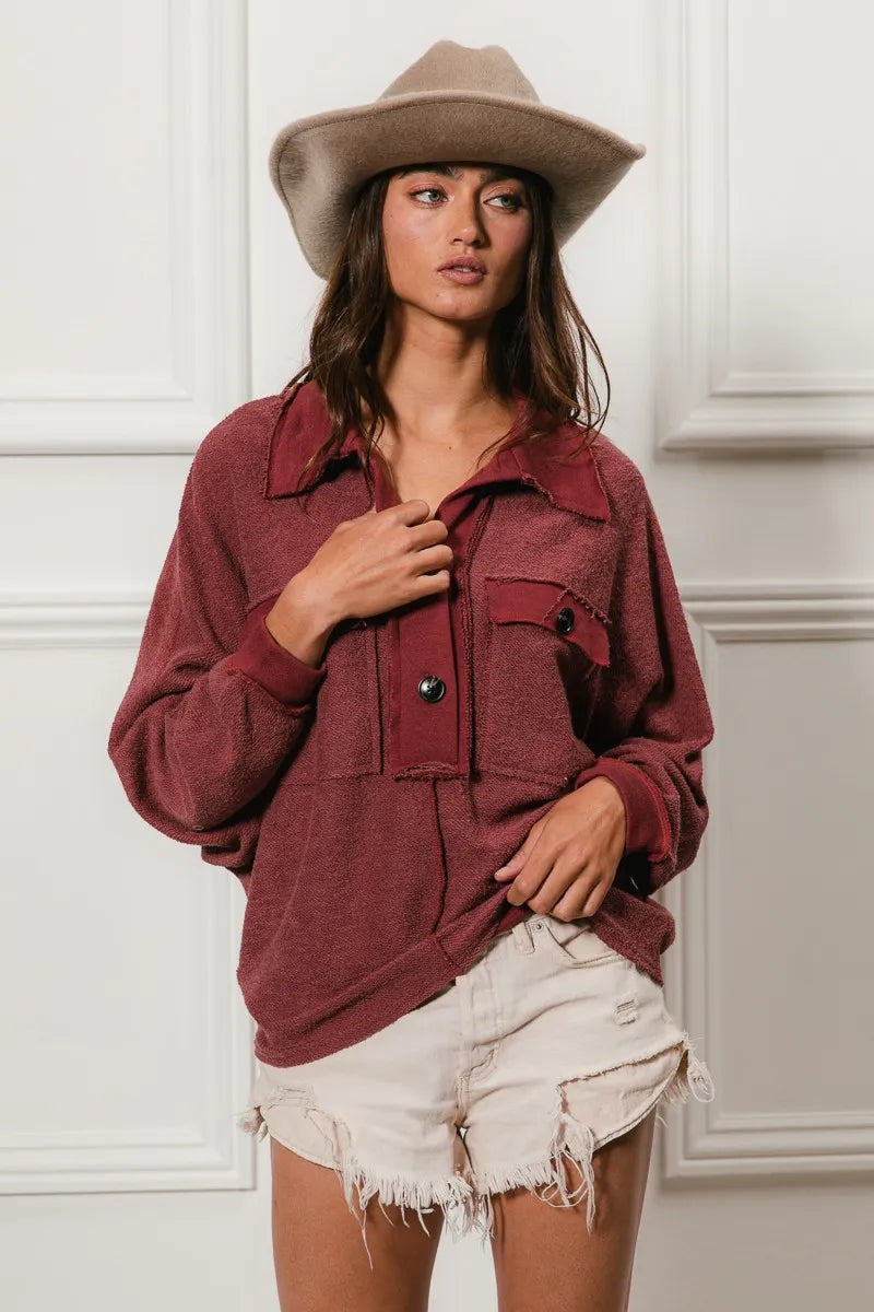 Western French Terry Cut Edge Detail Collared Top